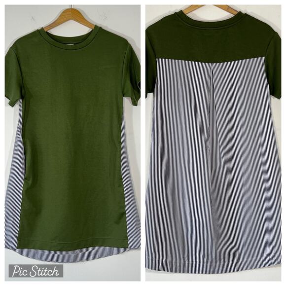 Lalu Tshirt Dress Womens Small Green Striped Swing Summer Casual Pockets Classic - Picture 1 of 9
